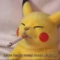 A yellow Pikachu plush toy holding a stick in its mouth, with the text 'Now here by snikin' muasho pikachu' at the bottom.