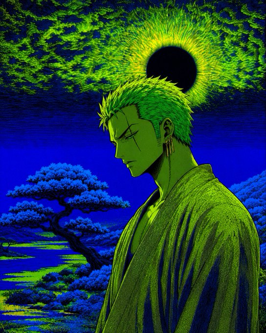 An anime-style illustration of a green-haired character in a green kimono, shown in profile against a vibrant blue and green landscape with a large black sun.