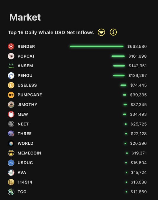 The image shows a "Market" dashboard titled "Top 16 Daily Whale USD Net Inflows," with RENDER leading at $663,580, followed by POPCAT ($161,898), ANSEM ($142,351), PENGU ($139,297), and USELESS ($74,445), visually confirming the post's ranking of the top five whale-favored tokens.