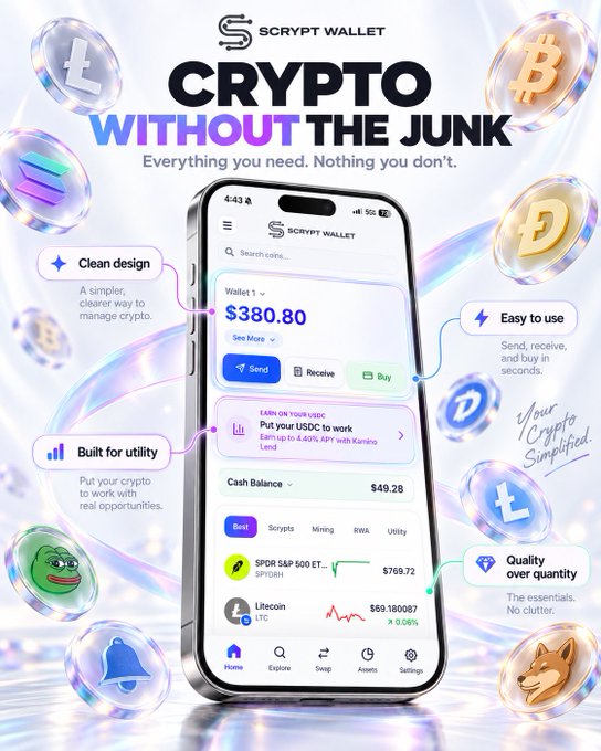 A promotional graphic for Scrypt Wallet titled 'CRYPTO WITHOUT THE JUNK' displaying the app interface on a phone, highlighting features like Clean Design, Built for Utility, Easy to Use, and Quality over Quantity.