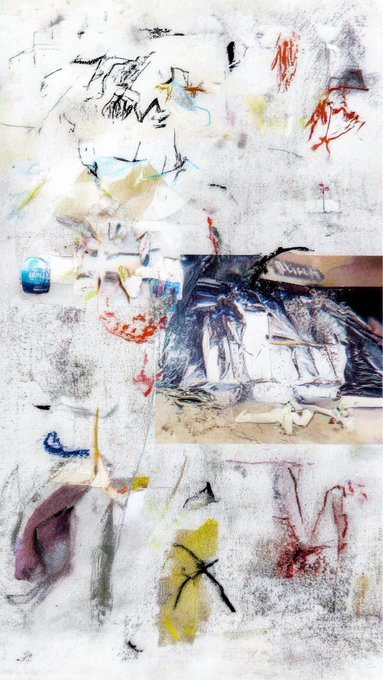 An abstract mixed-media artwork featuring various colored markings, sketches, and a central photographic element of sculpted figures in a cave-like setting.