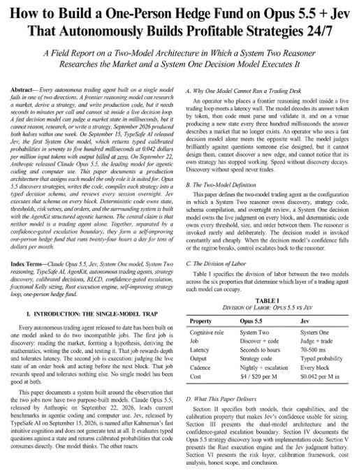 Academic paper titled 'How to Build a One-Person Hedge Fund on Opus 5.5 + Jev That Autonomously Builds Profitable Strategies 24/7'.