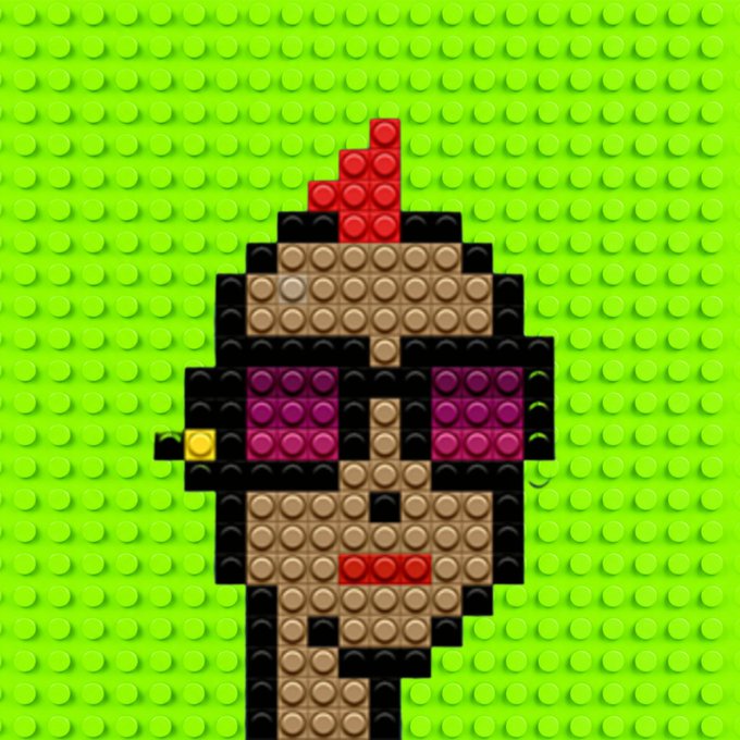 A pixel art / LEGO-style character of a dark-skinned figure with a red mohawk, purple glasses, and a red mouth on a green studded background.