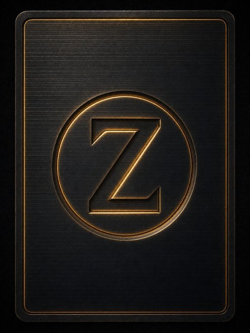 A dark, metallic-looking card or emblem featuring a glowing golden circular border around a stylized capital letter 'Z' on a textured black background.