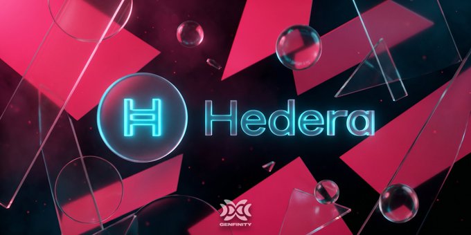 A stylized 3D graphic displays the "Hedera" logo with its neon blue "H" emblem, surrounded by translucent geometric shapes, floating spheres, and red angular elements against a dark cosmic background, with a "DENTITY" watermark at the bottom. The image visually represents Hedera's blockchain brand in connection with the post about HM Treasury highlighting Hedera-based tokenized collateral trades involving Lloyds Bank, Aberdeen, and Archax.