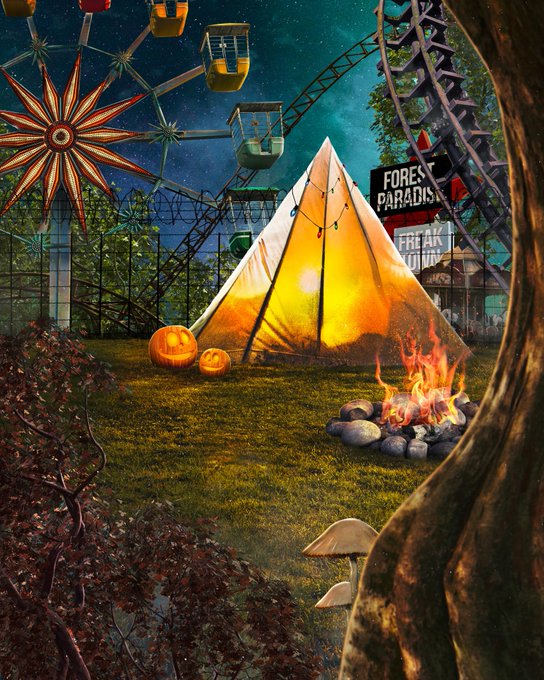 A Halloween-themed carnival scene featuring a glowing tent, jack-o'-lanterns, a campfire, and a Ferris wheel beneath a starry night sky, with a sign reading 'FOREST PARADISE' and 'FREAK SHOW' in the background.