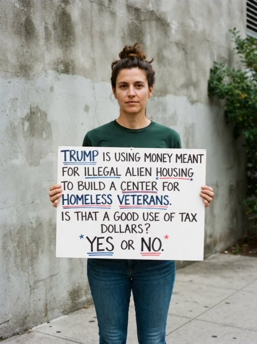 A woman stands against a concrete wall holding a handwritten sign reading: 'TRUMP IS USING MONEY MEANT FOR ILLEGAL ALIEN HOUSING TO BUILD A CENTER FOR HOMELESS VETERANS. IS THAT A GOOD USE OF TAX DOLLARS? *YES OR NO*'