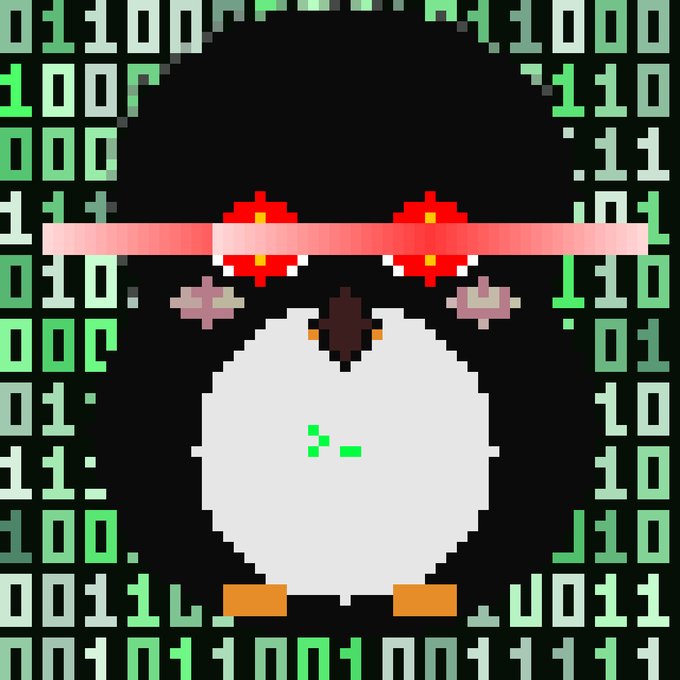 This image shows a black and white pixel art penguin with red sunglasses, surrounded by green codes and numbers. A caption below the image says "PENGU 404 - MINT IN 10,000 Corrupted Penguins. Ethereum Mainnet. WL PRIORITY: FREE ... (max 2/wallet) Public: 0.000025 ETH (max 10/wallet) Burn 2 Corrupted → 1 Alive". The penguin's sunglasses have red lenses and are positioned over its eyes, making it the focal point of this image.