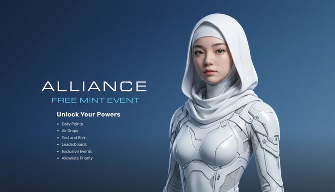 A promotional graphic for an 'ALLIANCE FREE MINT EVENT' featuring a futuristic female character in white hooded armor, with benefits listed including Daily Points, Air Drops, Test and Earn, Leaderboards, Exclusive Events, and Allowlist Priority.