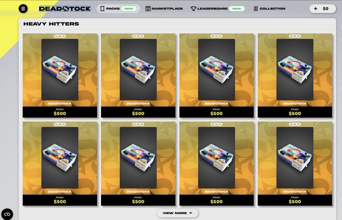 A Deadstock marketplace webpage displaying a 'HEAVY HITTERS' section with eight identical $500 packs containing what appears to be Pokémon card products, with navigation tabs for Packs, Marketplace, Leaderboard, and Collection.
