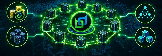 A digital graphic depicts a network of interconnected server racks linked to icons of coins, boxes, a network tree, and blocks, centered around a blue and green logo.