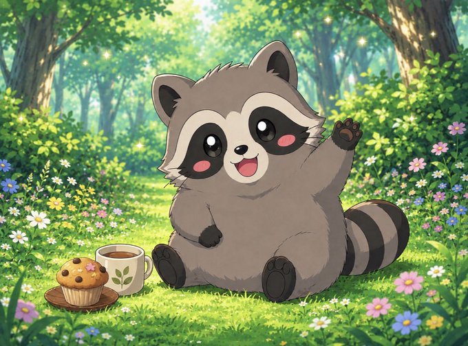 A cheerful cartoon raccoon waves happily while sitting in a sunlit meadow filled with wildflowers, next to a small cupcake and a teacup. The whimsical scene pairs perfectly with the "gm" greeting to fellow $jimothy holders, as the cute critter's friendly wave feels like a warm morning hello to the community.