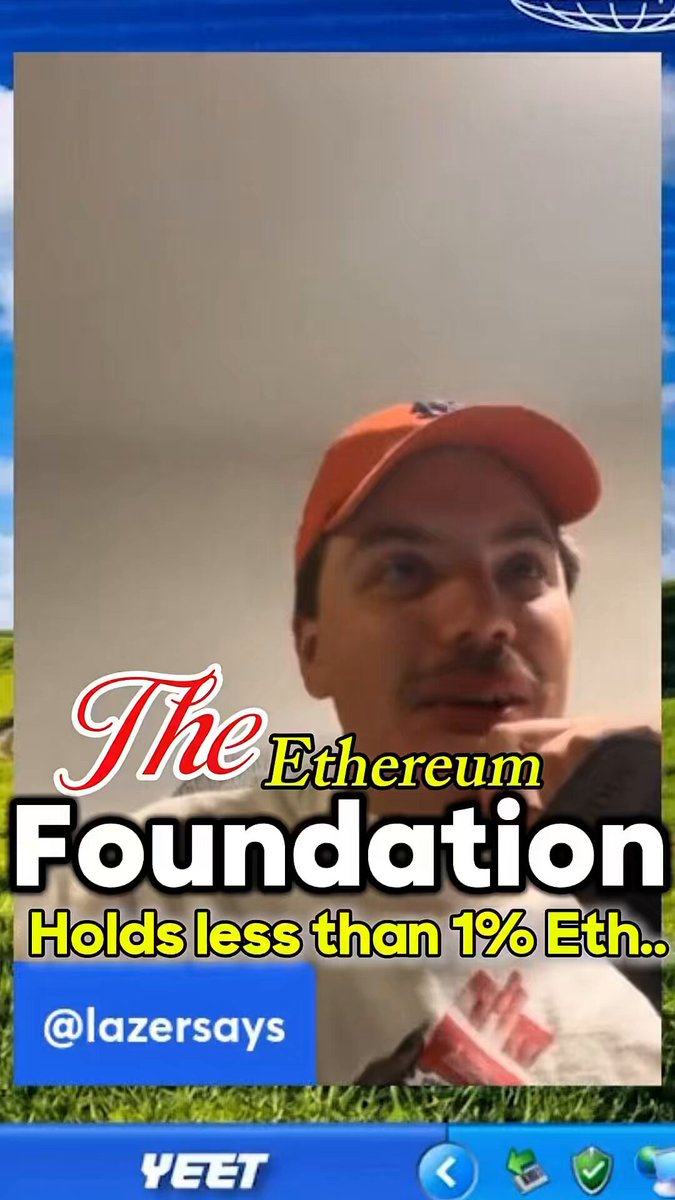 The image features a young man wearing an orange hat who appears to be in a park-like setting, possibly at a party or social event where photos were taken. He is standing next to a blue sign with white text that says "THE ETHEREUM Foundation holds less than 1% of all ethereum token". This implies that the foundation might not have as much influence on the overall cryptocurrency market as some may believe. The post seems to be discussing this issue and possibly presenting alternative perspectives or solutions related to Ethereum's involvement in the market.