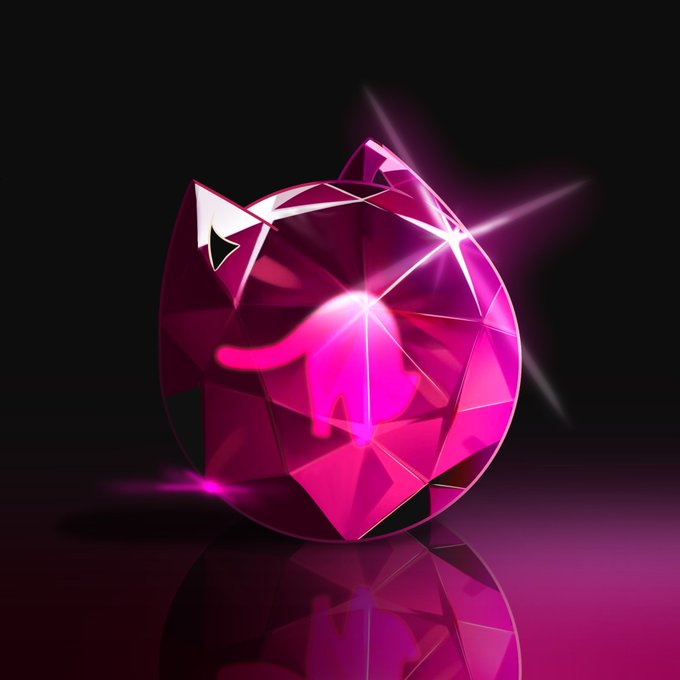 A glowing pink/magenta gemstone-like object shaped like a cracked egg contains a silhouette of a cat, illuminated against a black background.