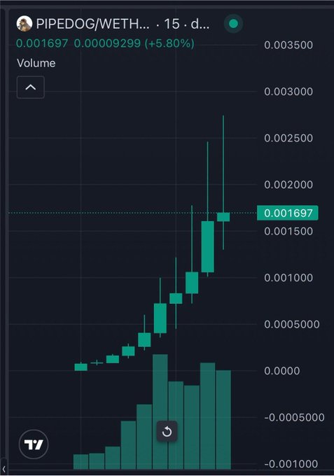 A candlestick trading chart for PIPEDOG/WETH showing a price of 0.001697, up 5.80%, with green volume bars on a dark background.