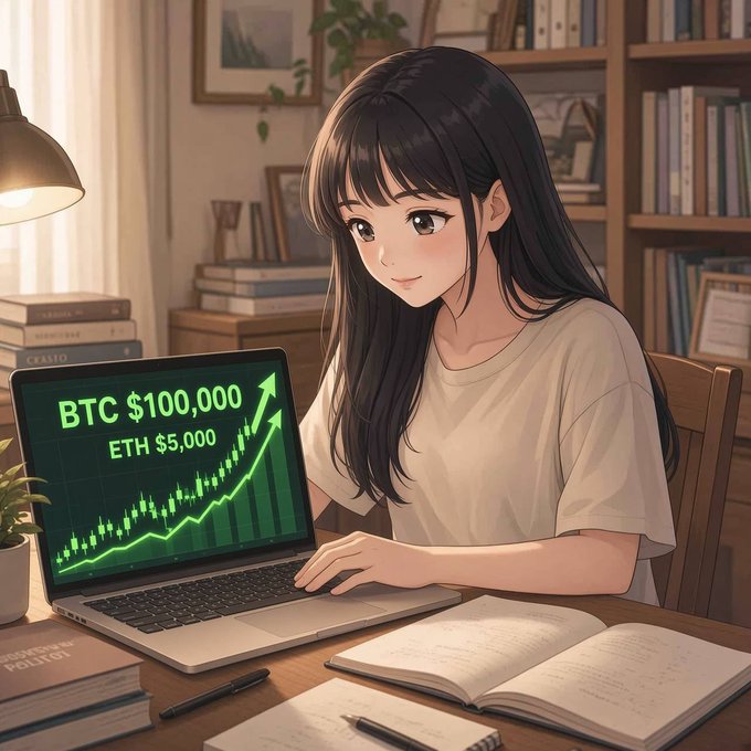 An anime-style illustration of a young woman at a desk with a laptop displaying 'BTC $100,000' and 'ETH $5,000' on a rising green chart.