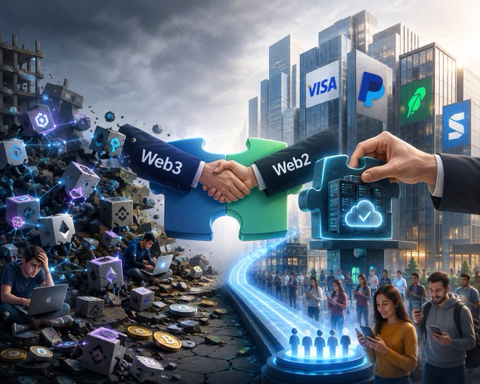 A conceptual illustration showing a handshake between a "Web3" arm and a "Web2" arm forming a puzzle piece connection, with Visa, PayPal, and Robinhood logos in the background alongside contrasting scenes of people using laptops versus smartphones.