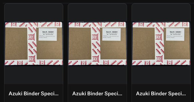 Three side-by-side product images of an 'Azuki Binder Speci...' item, showing its plain cardboard packaging with a white label on a red and white patterned background.
