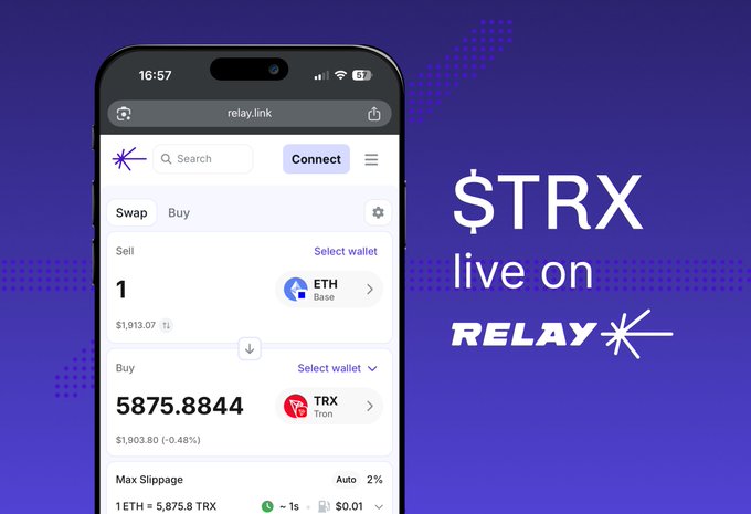 A promotional image showing a smartphone displaying the Relay.link exchange interface for swapping ETH to TRX, with text '$TRX live on RELAY' on a purple background.