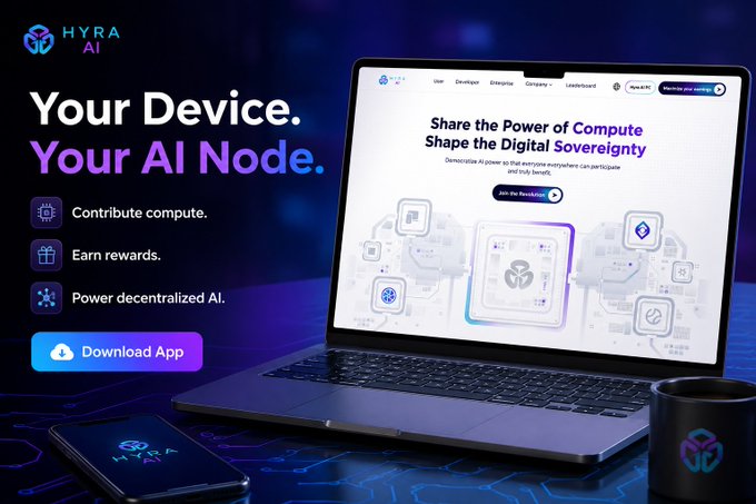 A promotional image for Hyra AI features a laptop displaying the company's website with the headline "Share the Power of Compute Shape the Digital Sovereignty," alongside a smartphone and branded mug on a tech-themed background. The left side showcases the Hyra AI logo with the tagline "Your Device. Your AI Node." and bullet points highlighting the benefits to "Contribute compute," "Earn rewards," and "Power decentralized AI," reinforced by a "Download App" button that visually embodies the post's call to turn idle devices into contributors of decentralized AI.