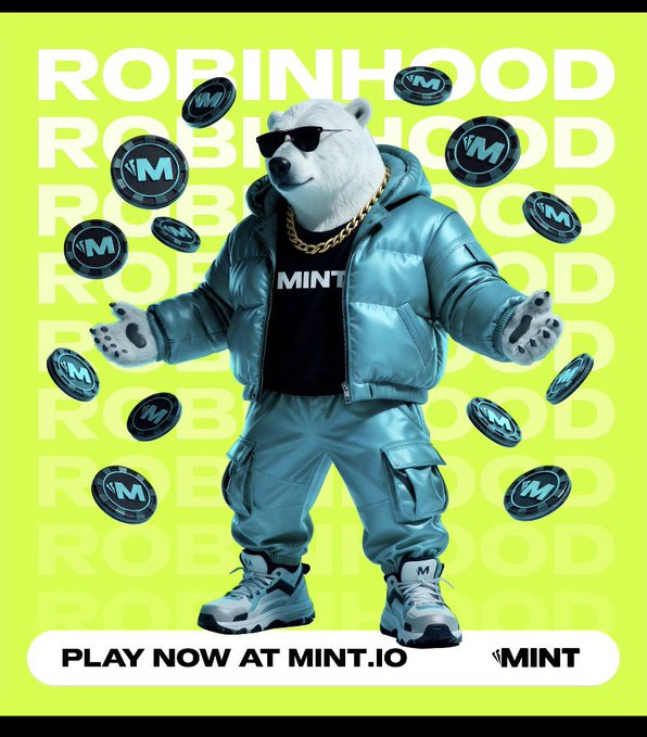 Promotional image featuring a polar bear wearing sunglasses, a blue puffer jacket, and gold chain surrounded by floating coins with 'M' logos, with 'ROBINHOOD' text in the background and 'PLAY NOW AT MINT.IO' at the bottom.
