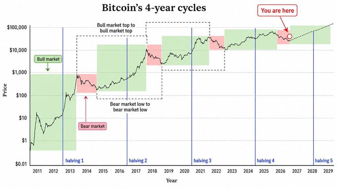The image displays a logarithmic chart of Bitcoin's price history from 2011 to 2029, illustrating the cryptocurrency's recurring 4-year halving cycles marked by green bull market and red bear market periods around key halving events (halving 1-5). A "You are here" marker near $100,000 around 2025 supports the post's suggestion that the $BTC halving cycle remains intact rather than broken.
