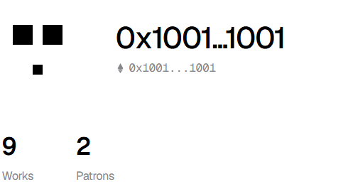 A digital profile or portfolio display showing the wallet address '0x1001…1001' with '9 Works' and '2 Patrons' listed below.