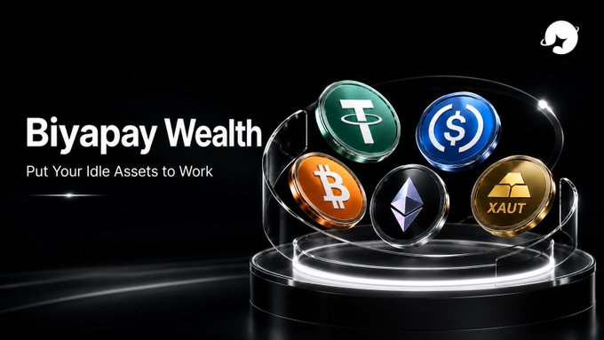 Promotional banner for 'Biyapay Wealth' with the tagline 'Put Your Idle Assets to Work,' displaying 3D-rendered tokens for Tether (USDT), USD Coin (USDC), Bitcoin (BTC), Ethereum (ETH), and Gold (XAUT).