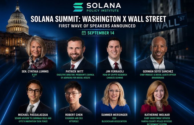 A promotional graphic for the 'SOLANA POLICY INSTITUTE' announces the 'SOLANA SUMMIT: WASHINGTON X WALL STREET' on September 14, featuring speaker headshots including Sen. Cynthia Lummis, Patrick Witt, Jim Ferraioli, Germán Soto Sanchez, Michael Passalacqua, Robert Chen, Summer Mersinger, and Katherine Molnar.