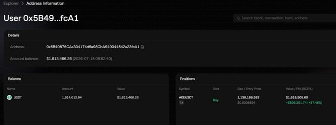 A cryptocurrency wallet explorer page for address 0x5B49...fcA1 shows an account balance of $1,613,466.26 USDT, including a long position on AXEUSDT with PnL of +$606,251.74 (+37.46%).