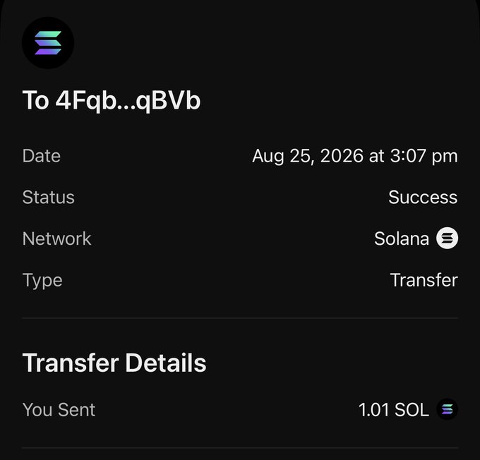 A screenshot of a successful Solana transfer confirmation showing 1.01 SOL sent to address 4Fqb...qBVb on Aug 25, 2026, though the image doesn't actually verify any $100 cash payment despite the accompanying message.