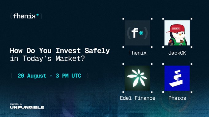 A dark-themed promotional graphic for a Fhenix-hosted Twitter Space event titled "How Do You Invest Safely in Today's Market?" scheduled for 20 August at 3 PM UTC, featuring speakers JackGK, Edel Finance, and Pharos, with an "UNFUNGIBLE" powered-by credit. The design directly supports the post's message by advertising a discussion on safe investing, sustainable yield, capital protection, and privacy with Edel Finance and Pharos Network.