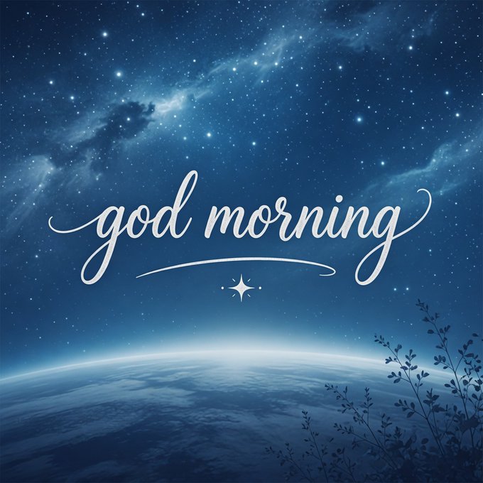An ethereal scene showing Earth from space beneath a starry blue sky with the cursive text 'god morning' and a small sparkle decoration.