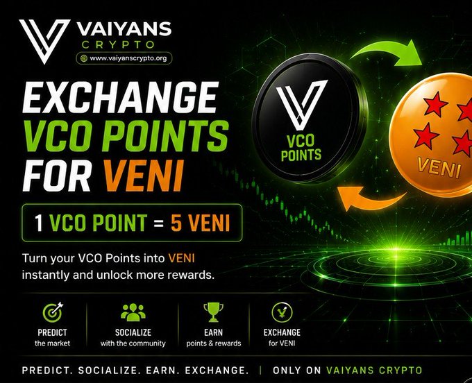 A Vaiyans Crypto promotional graphic advertising 'EXCHANGE VCO POINTS FOR VENI' at a rate of 1 VCO Point = 5 VENI, featuring four icons for Predict, Socialize, Earn, and Exchange.