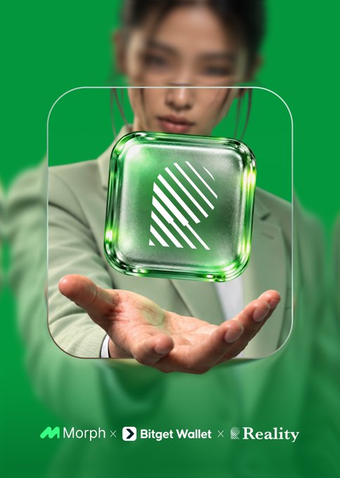 A promotional image shows a woman in a green blazer holding out a green glass cube with a striped 'M' logo, with text reading 'Morph x Bitget Wallet x Reality' at the bottom.