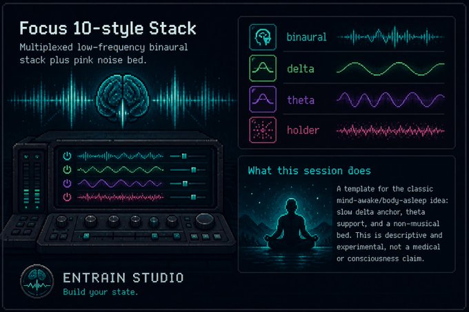 Promotional graphic for "Focus 10-style Stack" from Entrain Studio, describing a "multiplexed low-frequency binaural stack plus pink noise bed" with components for binaural, delta, theta, and holder tracks. The image relates to the post by showcasing the new sound track available at entrainstudio.xyz for holders of $WAVES tokens, illustrating the "Build your state" meditation/audio experience offered through the platform.