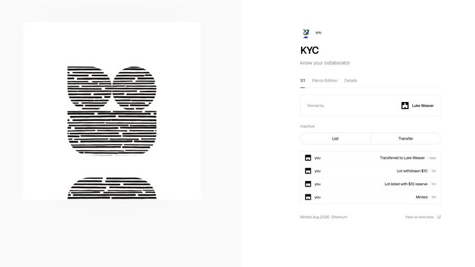 A screenshot of an NFT collection page titled "KYC know your collaborator" showing edition 1/1, owned by Luke Weaver, with transfer history listing withdrawals and a minting reserve.
