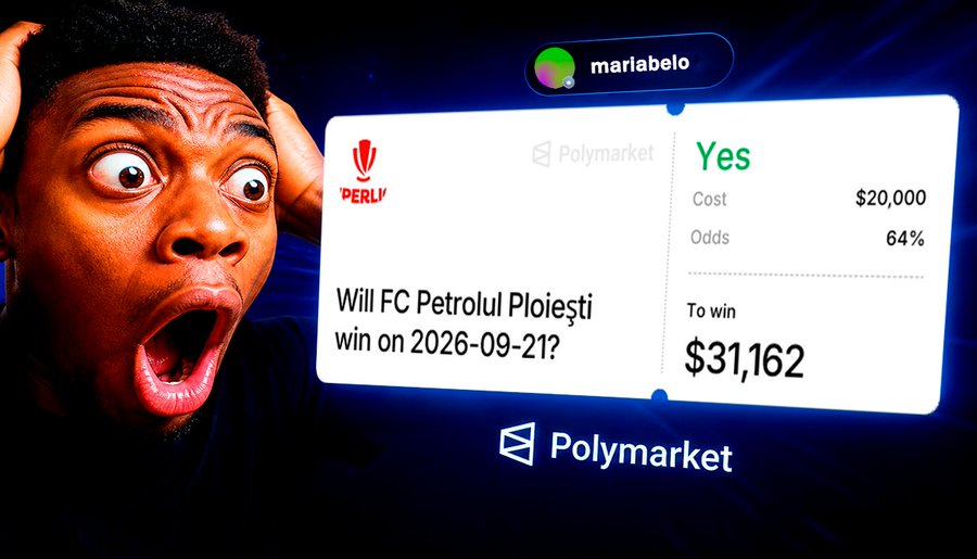 A shocked-looking man appears next to a Polymarket betting interface showing a 'Yes' wager of $20,000 (64% odds) on whether FC Petrolul Ploiești will win on 2026-09-21, for a potential payout of $31,162, under the user 'mariabelo'.