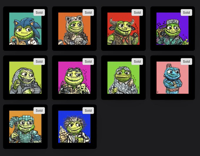 A grid of ten NFT-style artworks featuring a green cartoon character in various costumes, each marked with a 'Sold' label against brightly colored backgrounds.