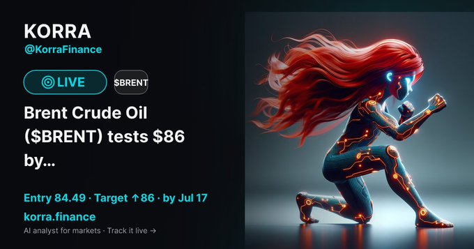 A KORRA Finance promotional graphic featuring a red-haired, glowing-cyberpunk female character alongside a LIVE analysis of Brent Crude Oil ($BRENT) targeting $86 by July 17.