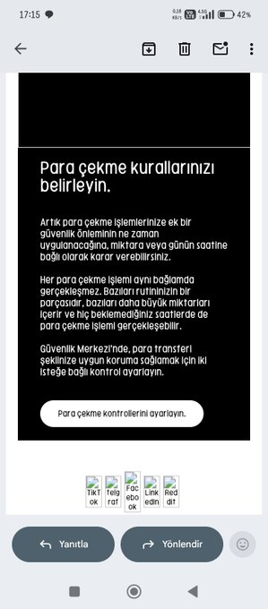 A Turkish-language smartphone screenshot displaying instructions titled 'Para çekme kurallarınızı belirleyin' (Set your withdrawal rules) with options at the bottom including 'Yanıtla' (Reply) and 'Yönlendir' (Forward).