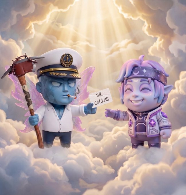 The image features two cartoon characters standing together under a cloudy sky with rays of light shining through them. One character has a sword, while the other has a sign that says "WL secured" written on it. The scene suggests they are collaborating or working together in some way.