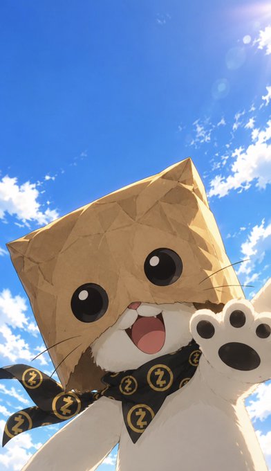 A digital illustration of a cute cartoon cat with a geometric gold paper bag head wearing a black bandana with yellow symbols, set against a bright blue sky.