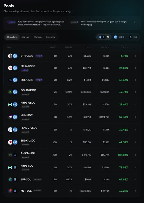 The image shows SolHedge's Pools page, displaying various cryptocurrency liquidity pools with USDC and SOL pairings (such as ETH/USDC, SKHY-USDC, SOL/USDC, GOLD/USDC, and others), featuring metrics like BIN STEP, BASE FEE, TVL ranging from $1.6M to $882.98K, 24H VOLUME, and APY ranging from 6.76% to 384.86%. This aligns with the SolHedge review context, as it showcases the platform's auto-rebalancing concentrated liquidity pools built on Meteora DLMM, with hedge protection features for both USDC and SOL assets.