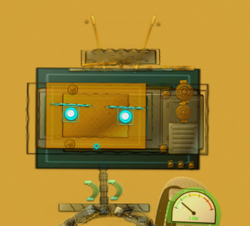 A cartoonish robot character with antennae and glowing blue eyes on an orange background, with mechanical arms and a pressure gauge displayed at the bottom.