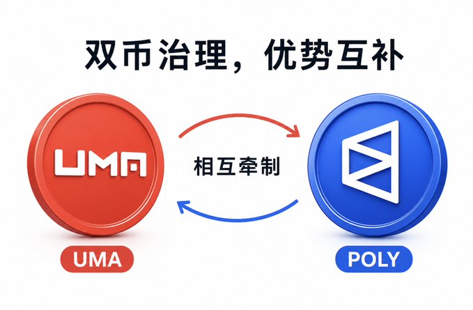 The image features two circles with different logos on them - one red circle with a white "UMA" logo and another blue circle with a white "POLY" logo. The text above the circles reads, "凡事都有两面性, 比如微策略卖币争议 大概率加速了 @POLYmarket 发币 UMA治理的槽点". The text is written in Chinese, which indicates that the image might be related to a post about cryptocurrency or blockchain technology.