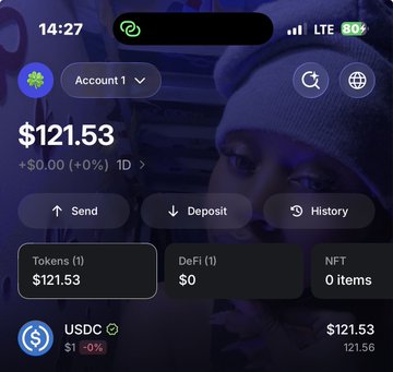 A crypto wallet app displays a balance of $121.53 in the "Tokens (1)" portfolio, showing 121.53 USDC alongside DeFi and NFT tabs. The screenshot illustrates the end result of the post's tutorial, which claims to turn a small deposit into $120 in just minutes through a series of platform bets and bonuses.