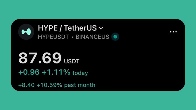 A digital price ticker showing "HYPE / TetherUS HYPEUSDT • BINANCEUS" at 87.69 USDT, up +0.96 (+1.11%) today and +8.40 (+10.59%) past month.