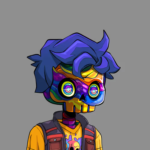An anime-style character with a colorful rainbow skull face, glowing yellow eyes, and spiky blue hair wearing a yellow shirt and vest.