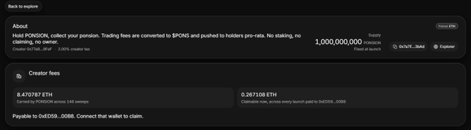 The image shows a token information panel for "PONSION" with a supply of 1,000,000,000 $PONS, displaying creator fees totaling 8.747757 ETH (8.470787 ETH earned + 0.267108 ETH cumulative), earned by address 0x753b...3bld, which aligns with the post's announcement about $PONSION holders receiving $PONS rewards from trading fees.
